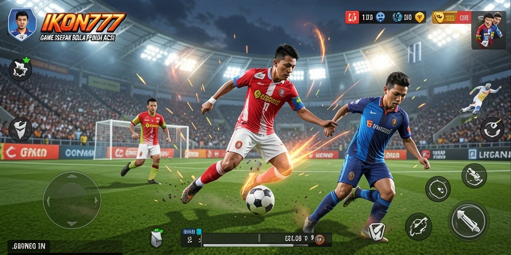 Tampilan gameplay <strong>IKON777</strong> dengan aksi di lapangan sepak bola.