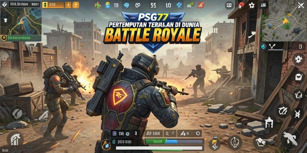 Tangkapan layar PSG77 menampilkan aksi pertempuran Battle Royale yang mendebarkan.