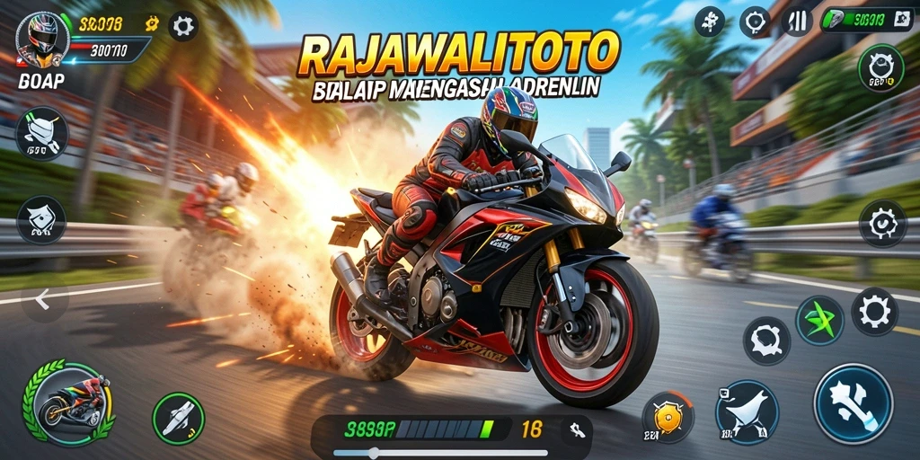 Tampilan gameplay RAJAWALITOTO yang menegangkan dengan motor balap.
